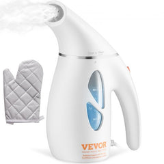 White Bostome handheld fabric steamer with 240ml tank, steaming, and gray glove.