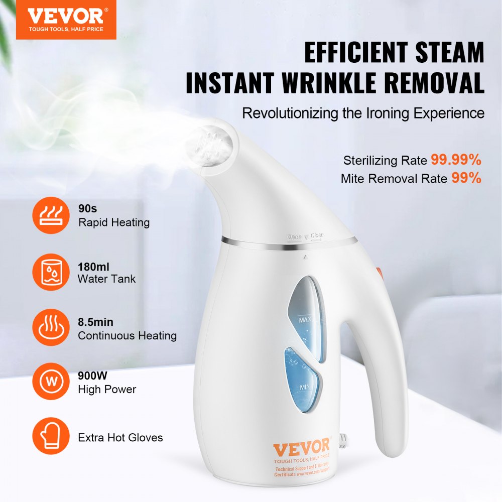 White Bostome portable handheld fabric steamer with 240ml tank and 900W power.