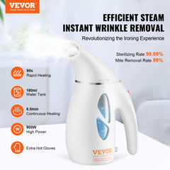 White Bostome portable handheld fabric steamer with 240ml tank and 900W power.
