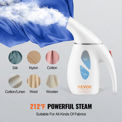White Bostome handheld fabric steamer with 240ml tank steaming blue fabric, suitable for silk, nylon, cotton, linen, and wool.