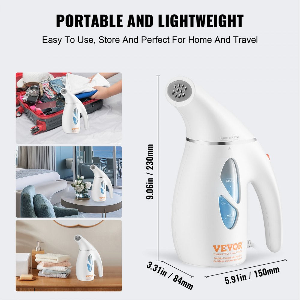 White Bostome handheld fabric steamer with 240ml tank, shown in use on clothes and luggage.