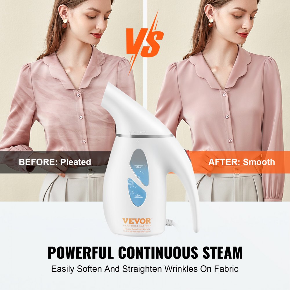Before-and-after image of a woman in a pleated blouse, smoothed by the Bostome handheld fabric steamer with 240ml tank.