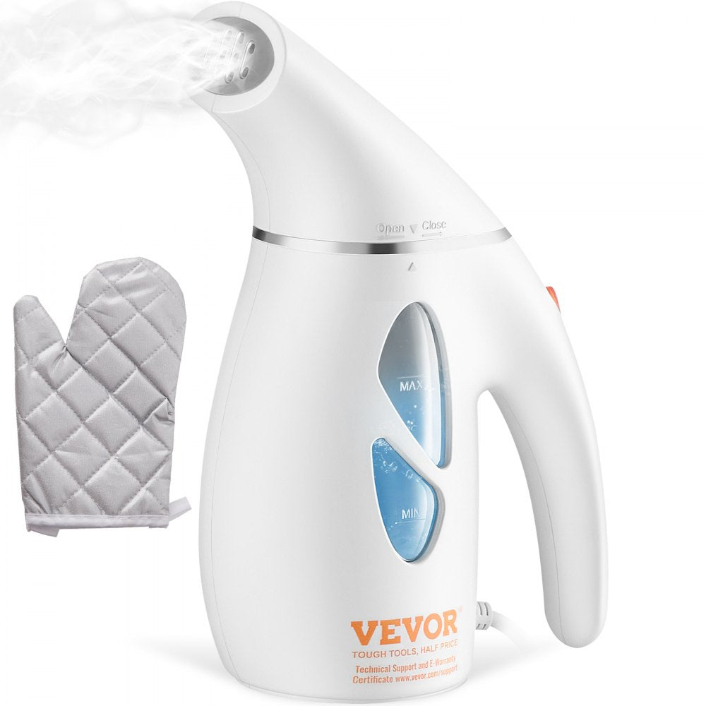 White Bostome handheld fabric steamer with 240ml tank, steam nozzle, and gray glove.
