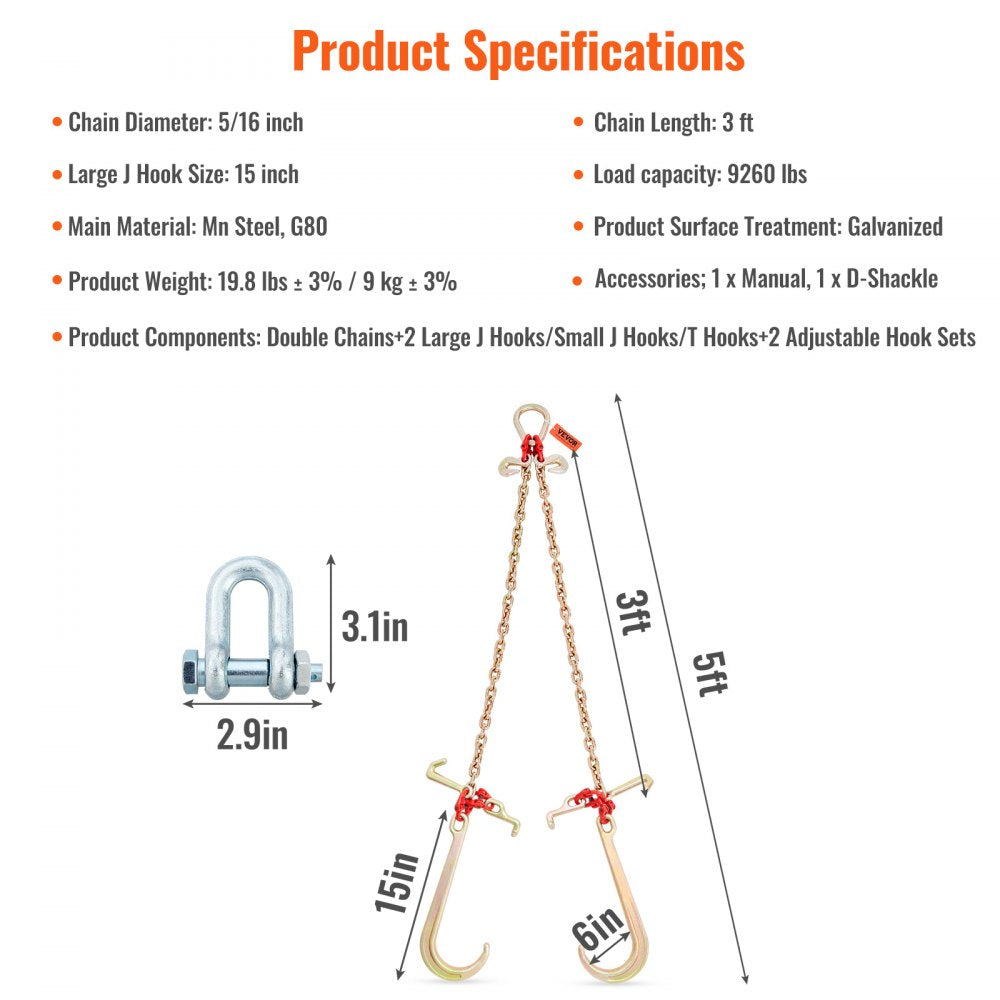 V-Chain Bridle, 9620 lbs Working Load Limit, 5/16`` x 3` G80 Tow Chain with RTJ Cluster Hooks, DOT Certified, Galvanized Coating Manganese Steel & D-Shackle, for Lifting & Moving Activities