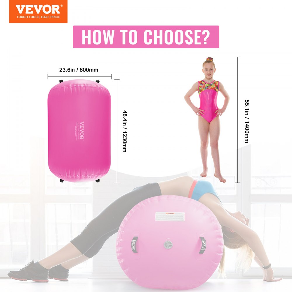 Pink inflatable air barrel for gymnastics with a pump, featuring anti-slip surface.