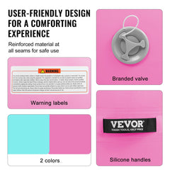 Pink inflatable air barrel for gymnastics, includes pump, repair kit, and storage bag.