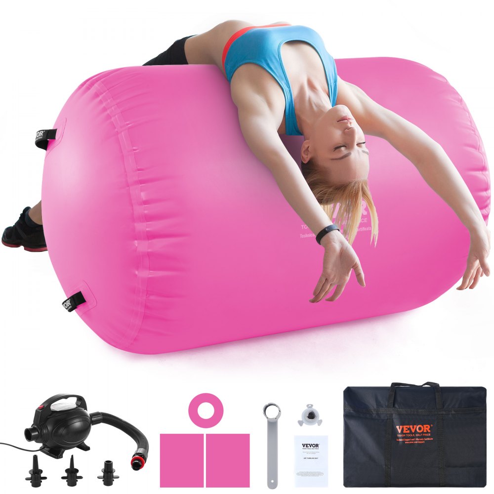 Pink inflatable gymnastics air barrel with pump, featuring anti-slip surface and reinforced seams.