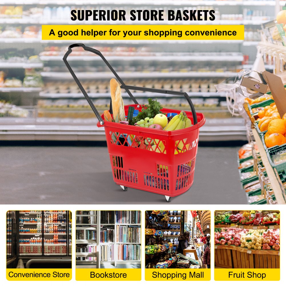 6PCS Shopping Carts, Plastic Rolling Shopping Basket with Wheels, Red Shopping Baskets with Handles, Portable Shopping Basket Set for Retail Store