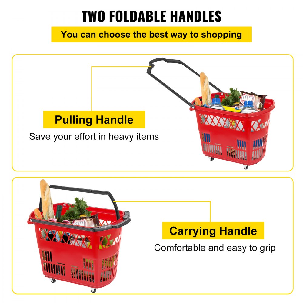 6PCS Shopping Carts, Plastic Rolling Shopping Basket with Wheels, Red Shopping Baskets with Handles, Portable Shopping Basket Set for Retail Store