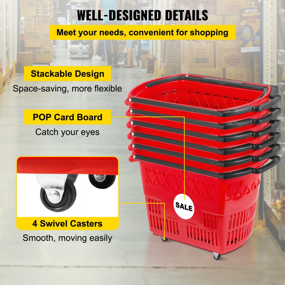 6PCS Shopping Carts, Plastic Rolling Shopping Basket with Wheels, Red Shopping Baskets with Handles, Portable Shopping Basket Set for Retail Store