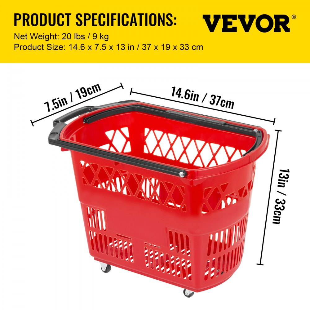 6PCS Shopping Carts, Plastic Rolling Shopping Basket with Wheels, Red Shopping Baskets with Handles, Portable Shopping Basket Set for Retail Store