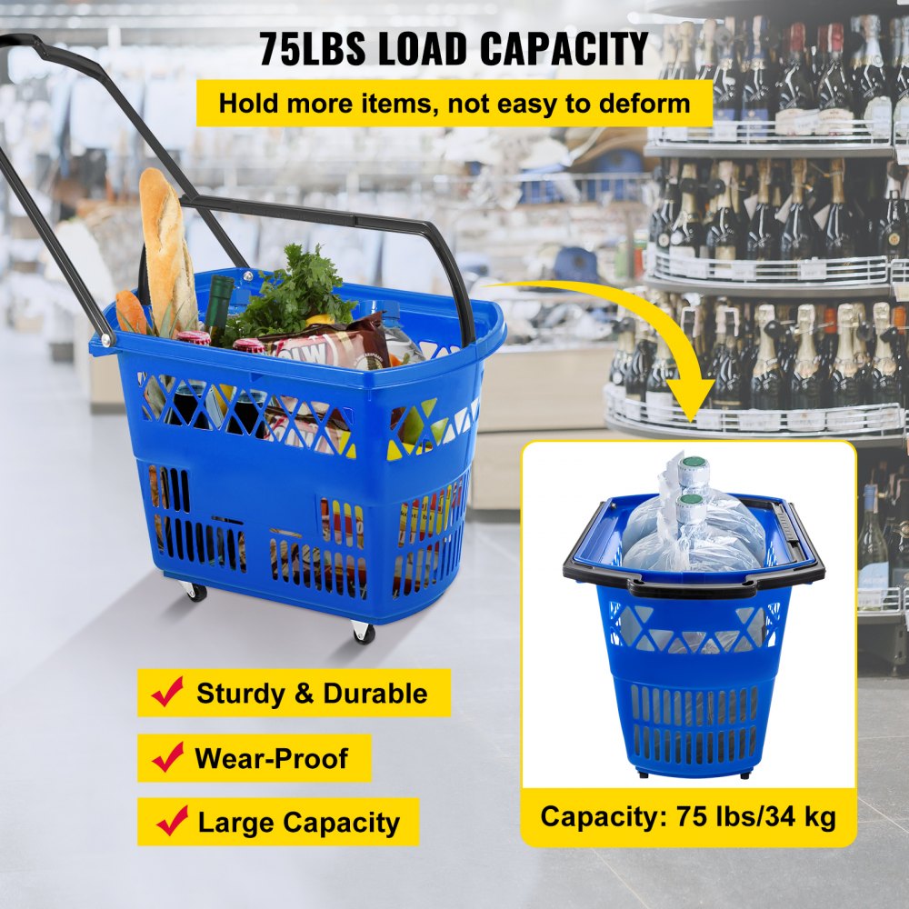 6PCS Shopping Carts, Blue Shopping Baskets with Handles, Plastic Rolling Shopping Basket with Wheels, Portable Shopping Basket Set for Retail Store
