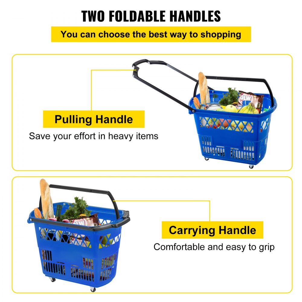 6PCS Shopping Carts, Blue Shopping Baskets with Handles, Plastic Rolling Shopping Basket with Wheels, Portable Shopping Basket Set for Retail Store