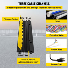 1 Pack of 3-Channel Rubber Cable Protector Ramps Heavy Duty 44000Lbs Load Capacity Cable Wire Cord Cover Ramp Speed Bump Driveway Hose Cable Ramp Protective Cover