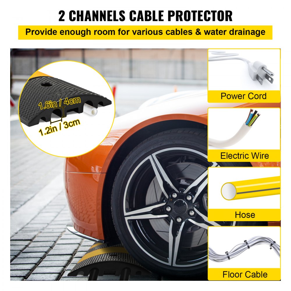 6 Feet Rubber Driveway Heavy Duty Cable Protector Ramp 72.4 x 12 x 2.4 Inch 2-Channel Garage Gravel Roads Asphalt Concrete, 6ft-Speed Bump
