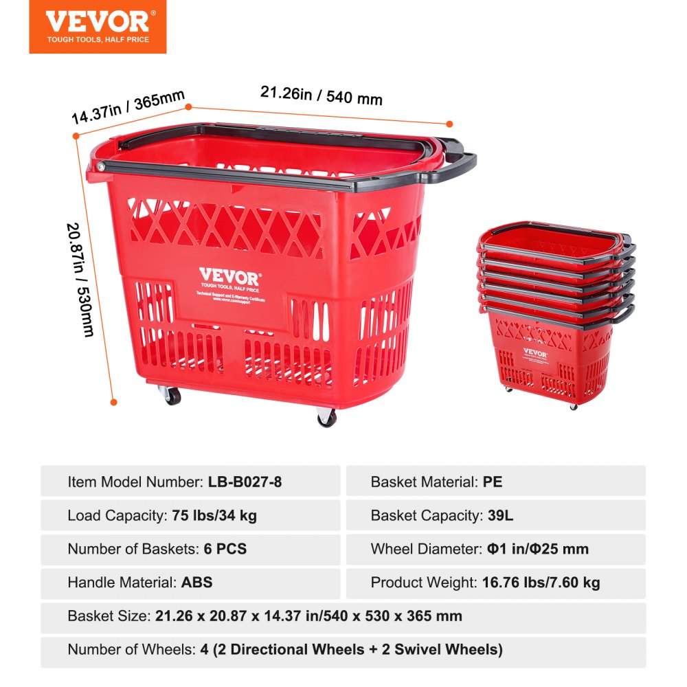 Plastic Rolling Shopping Trolley Basket On Wheels 6PCS 39L with Handle Red