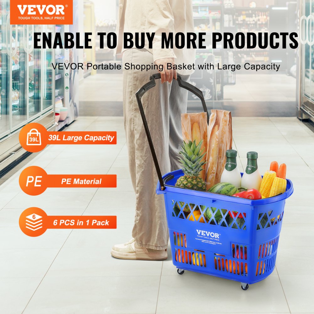 Plastic Rolling Shopping Trolley Basket On Wheels 6PCS 39L with Handle
