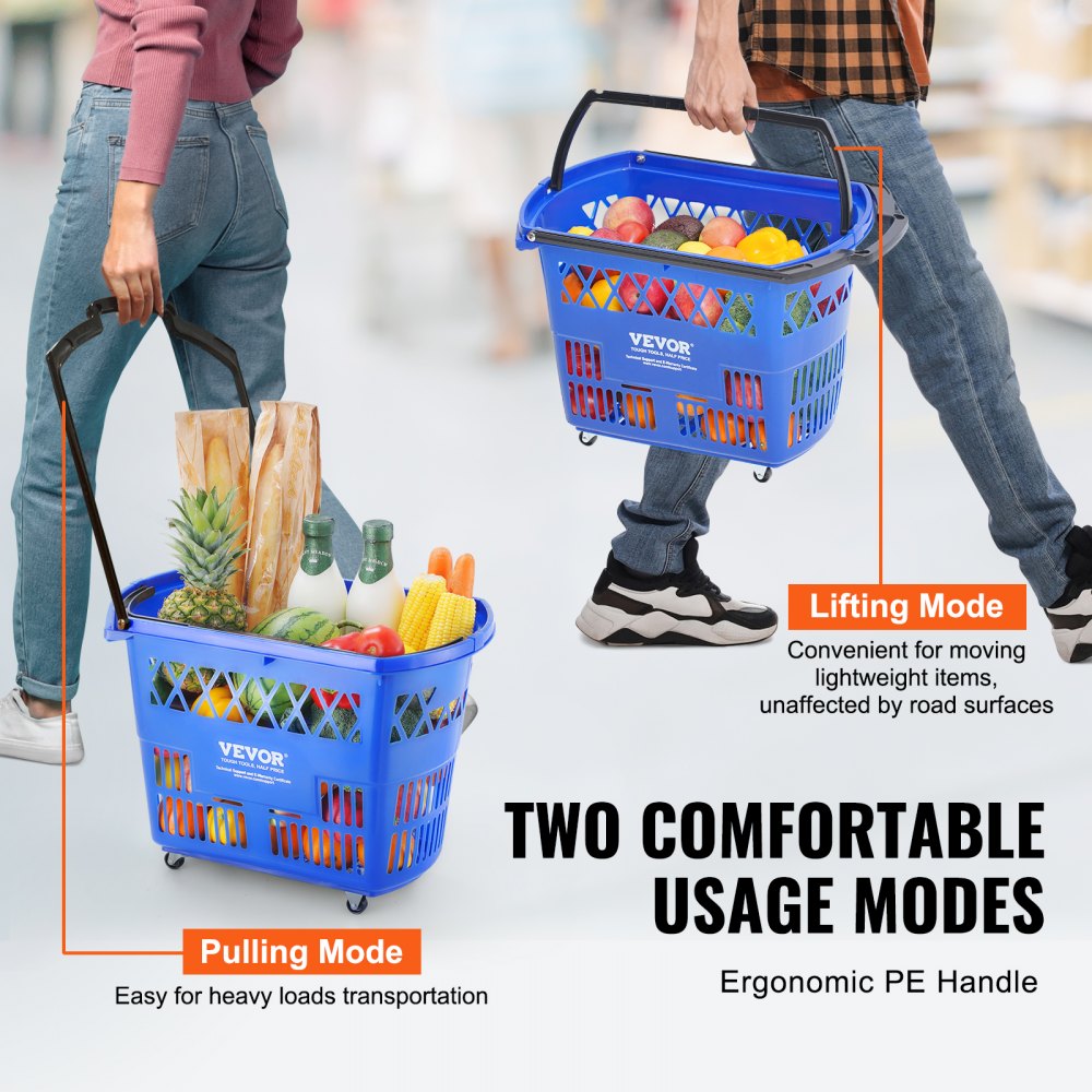 Plastic Rolling Shopping Trolley Basket On Wheels 6PCS 39L with Handle