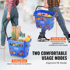 Plastic Rolling Shopping Trolley Basket On Wheels 6PCS 39L with Handle