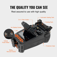 Fiber Fusion Splicer 6 Motors, Core Alignment Fiber Optic Fusion Splicer with 4" Digital LCD Screen, Image Storage, 3 in 1 Auto Focus Optical Fiber Holder Cleaver Kit 5-6s Splicing 9-25s Heating