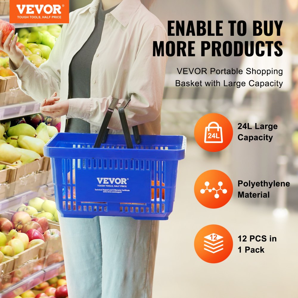 Shopping Basket, Set of 12, 24L Durable Plastic Grocery Basket with Handle and Stand, 16.73 x 11.61 x 8.86 inch Portable Shop Basket Bulk Used for Retail Store Supermarket Grocery Shopping, Blue
