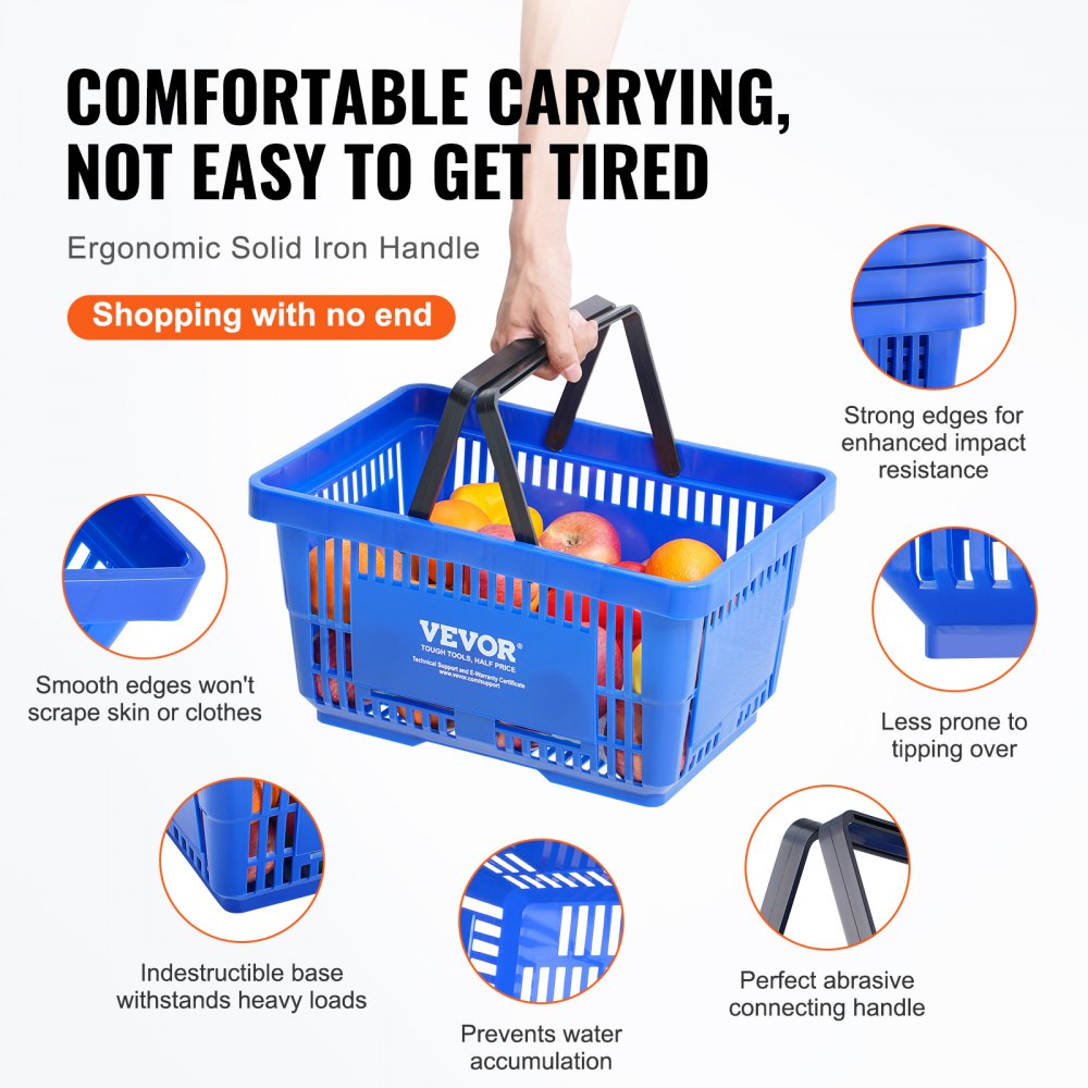 Shopping Basket, Set of 12, 24L Durable Plastic Grocery Basket with Handle and Stand, 16.73 x 11.61 x 8.86 inch Portable Shop Basket Bulk Used for Retail Store Supermarket Grocery Shopping, Blue