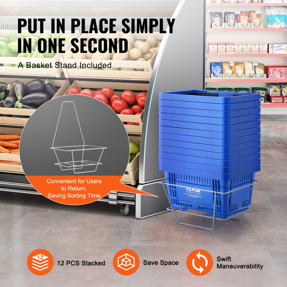 Shopping Basket, Set of 12, 24L Durable Plastic Grocery Basket with Handle and Stand, 16.73 x 11.61 x 8.86 inch Portable Shop Basket Bulk Used for Retail Store Supermarket Grocery Shopping, Blue
