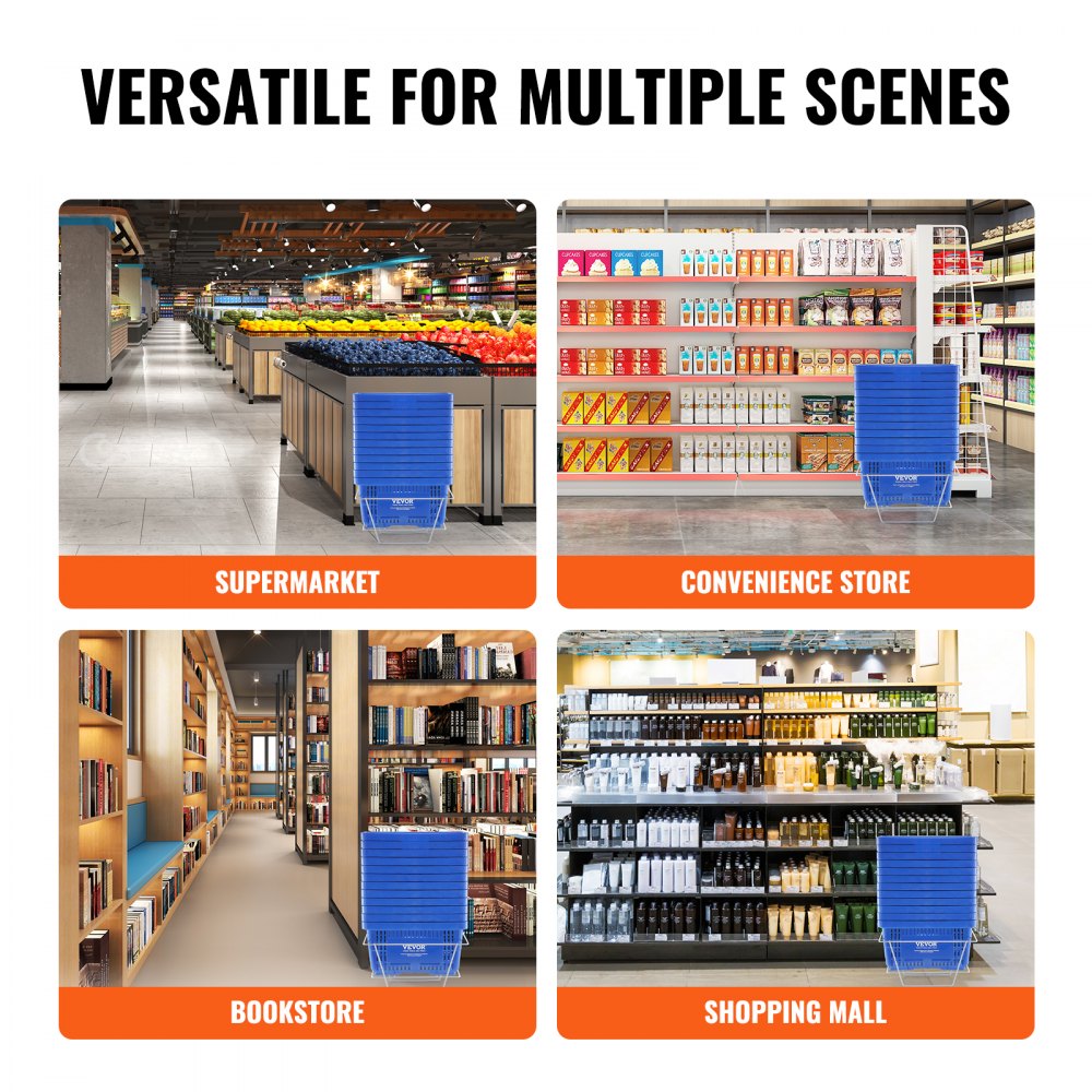 Shopping Basket, Set of 12, 24L Durable Plastic Grocery Basket with Handle and Stand, 16.73 x 11.61 x 8.86 inch Portable Shop Basket Bulk Used for Retail Store Supermarket Grocery Shopping, Blue