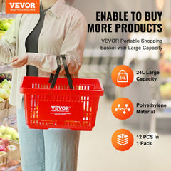 Shopping Basket, Set of 12, 24L Durable Plastic Grocery Basket with Handle and Stand, 16.73 x 11.61 x 8.86 inch Portable Shop Basket Bulk Used for Retail Store Supermarket Grocery Shopping, Red
