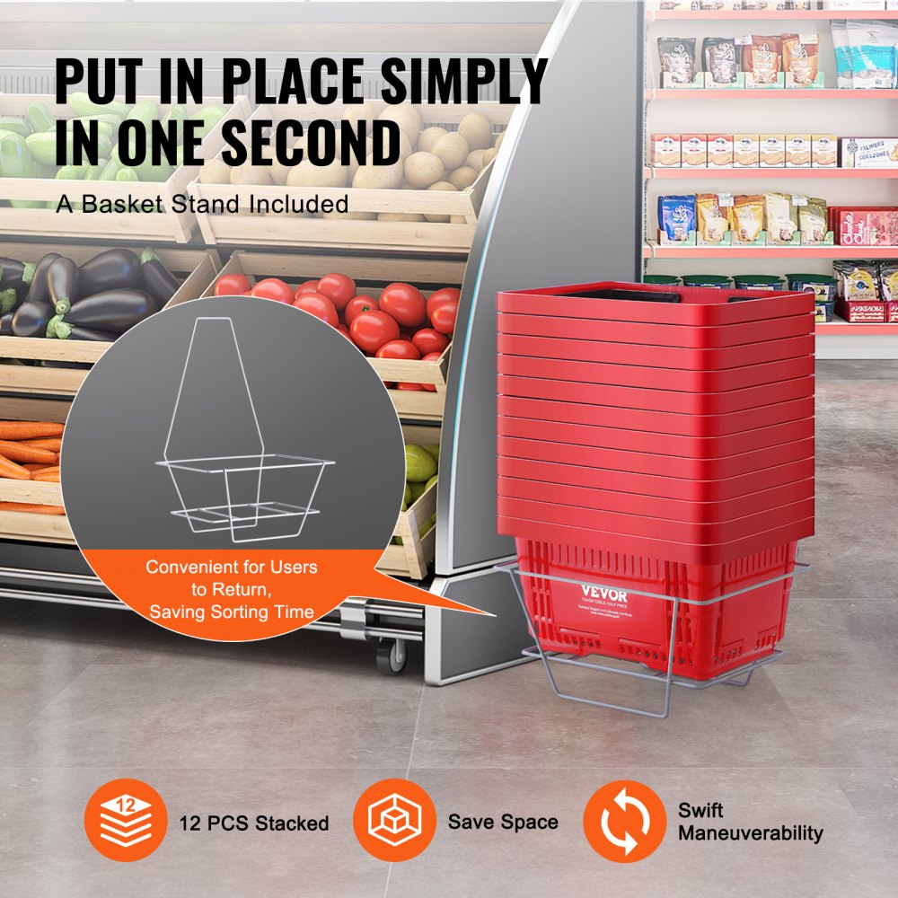 Shopping Basket, Set of 12, 24L Durable Plastic Grocery Basket with Handle and Stand, 16.73 x 11.61 x 8.86 inch Portable Shop Basket Bulk Used for Retail Store Supermarket Grocery Shopping, Red