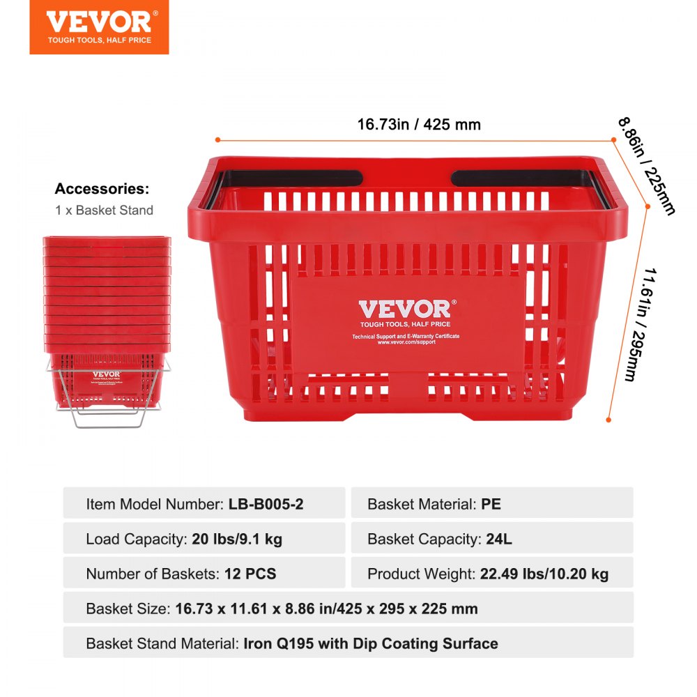 Shopping Basket, Set of 12, 24L Durable Plastic Grocery Basket with Handle and Stand, 16.73 x 11.61 x 8.86 inch Portable Shop Basket Bulk Used for Retail Store Supermarket Grocery Shopping, Red