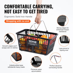 Shopping Basket Grocery Basket 12PCS 21L with Iron Handle & Stand Black