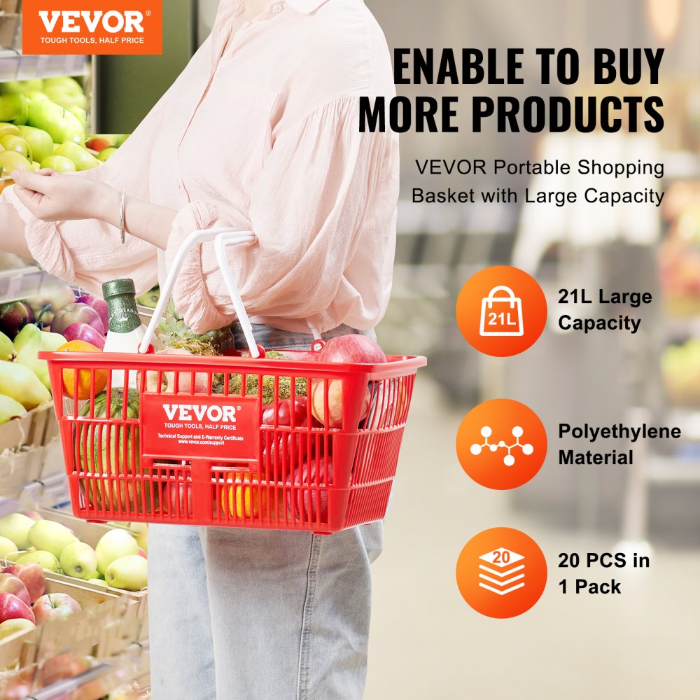 Shopping Basket Portable Grocery Basket 20PCS 21L with Handle & Stand Red