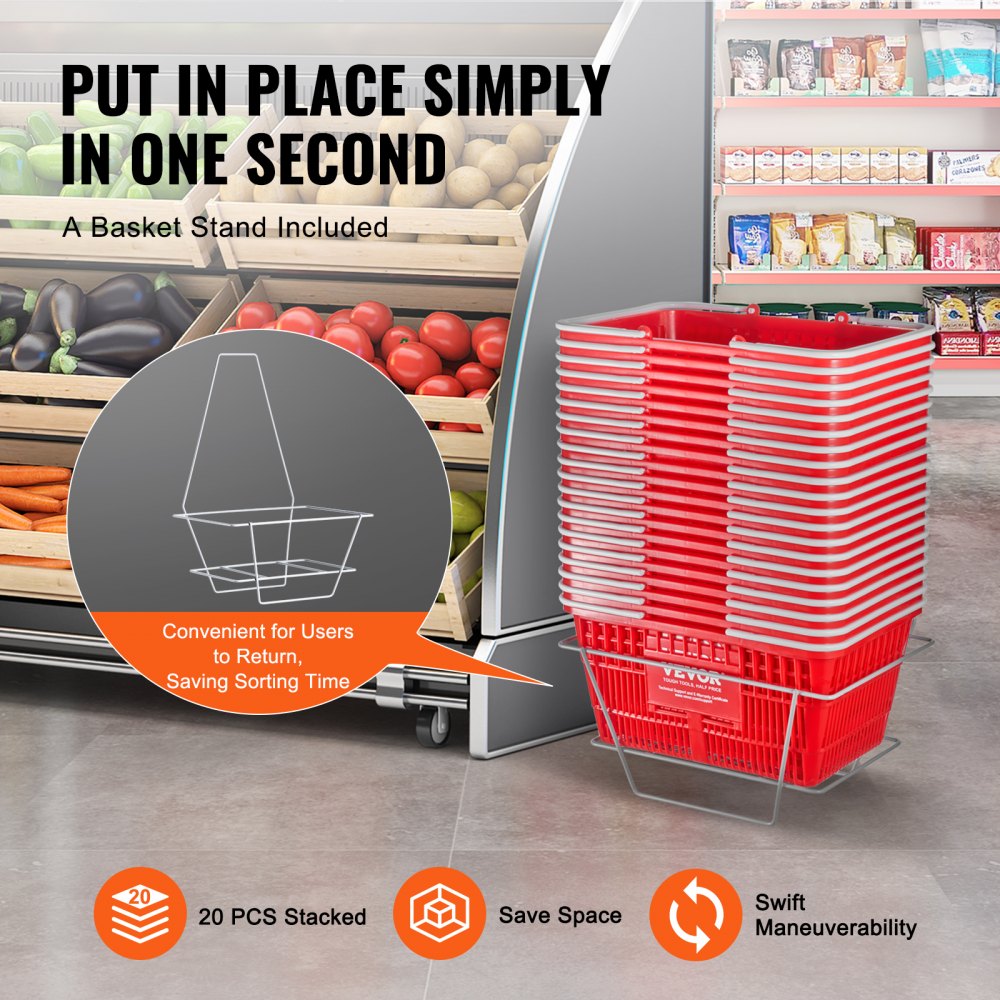 Shopping Basket Portable Grocery Basket 20PCS 21L with Handle & Stand Red