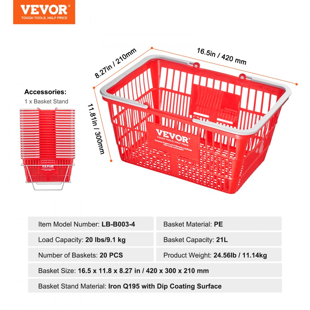 Shopping Basket Portable Grocery Basket 20PCS 21L with Handle & Stand Red