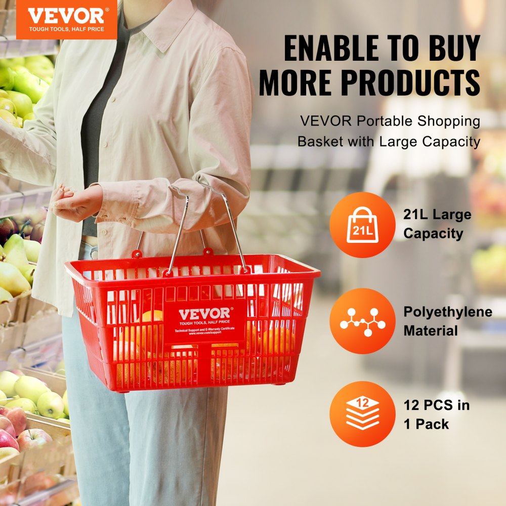 Shopping Basket, Set of 12, 21L Durable Plastic Grocery Basket with Metal Handle and Stand, 16.73 x 12.01 x 8.58 inch Portable Shop Basket Used for Retail Store Supermarket Grocery Shopping, Red