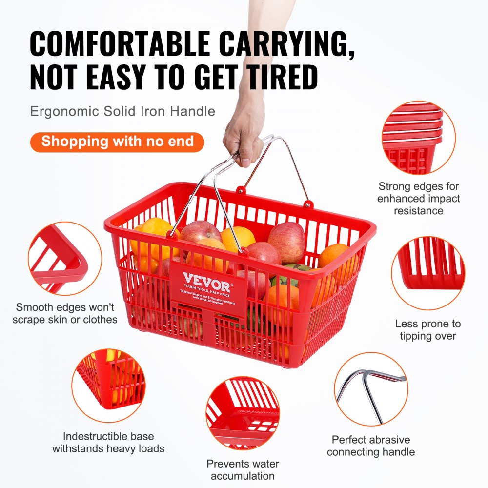 Shopping Basket, Set of 12, 21L Durable Plastic Grocery Basket with Metal Handle and Stand, 16.73 x 12.01 x 8.58 inch Portable Shop Basket Used for Retail Store Supermarket Grocery Shopping, Red