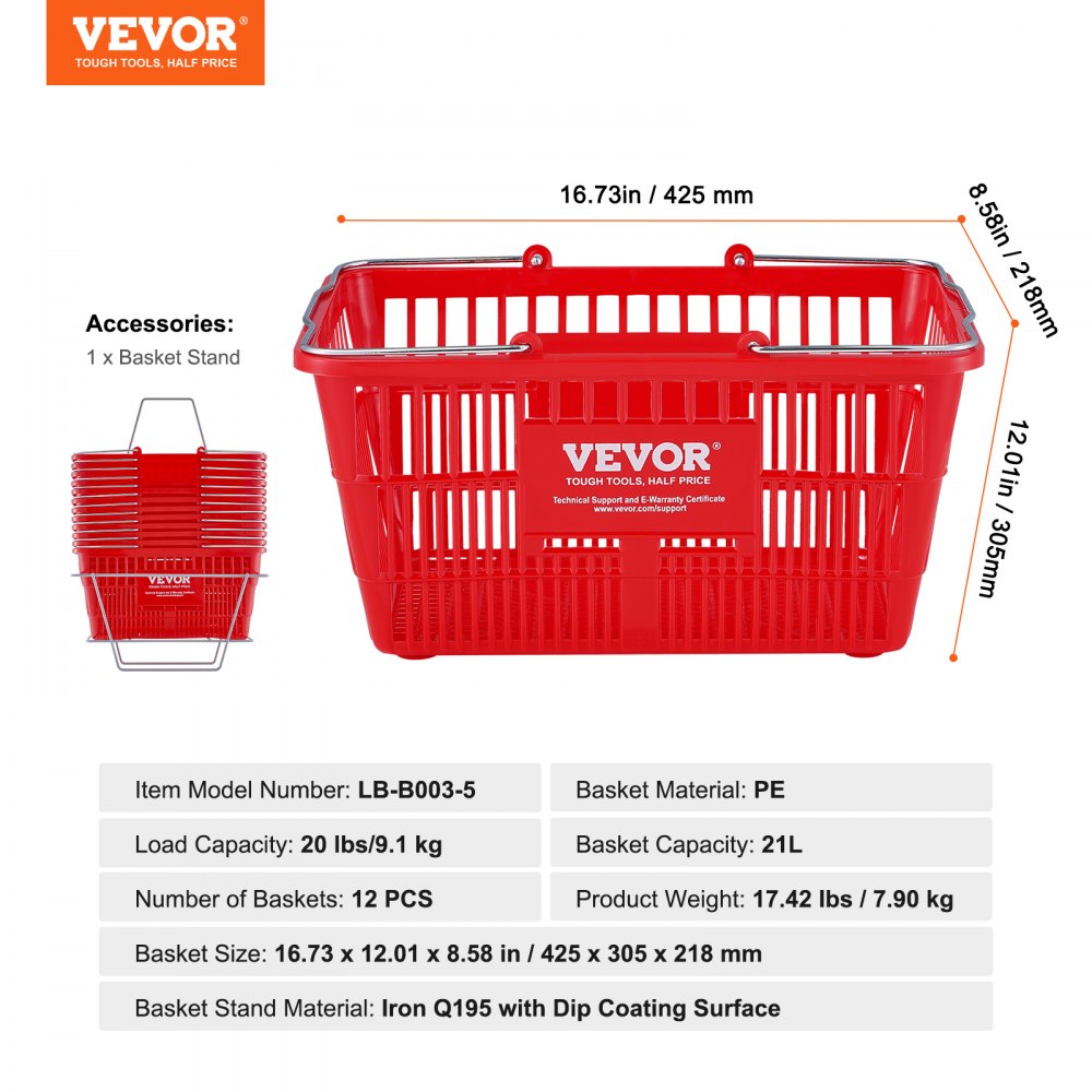 Shopping Basket, Set of 12, 21L Durable Plastic Grocery Basket with Metal Handle and Stand, 16.73 x 12.01 x 8.58 inch Portable Shop Basket Used for Retail Store Supermarket Grocery Shopping, Red