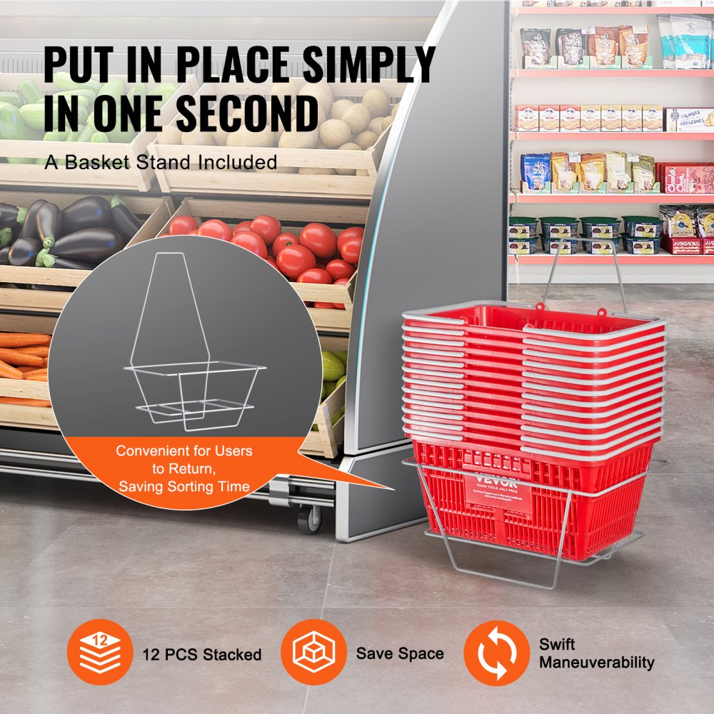 Shopping Basket Portable Grocery Basket 12PCS 21L with Handle & Stand Red