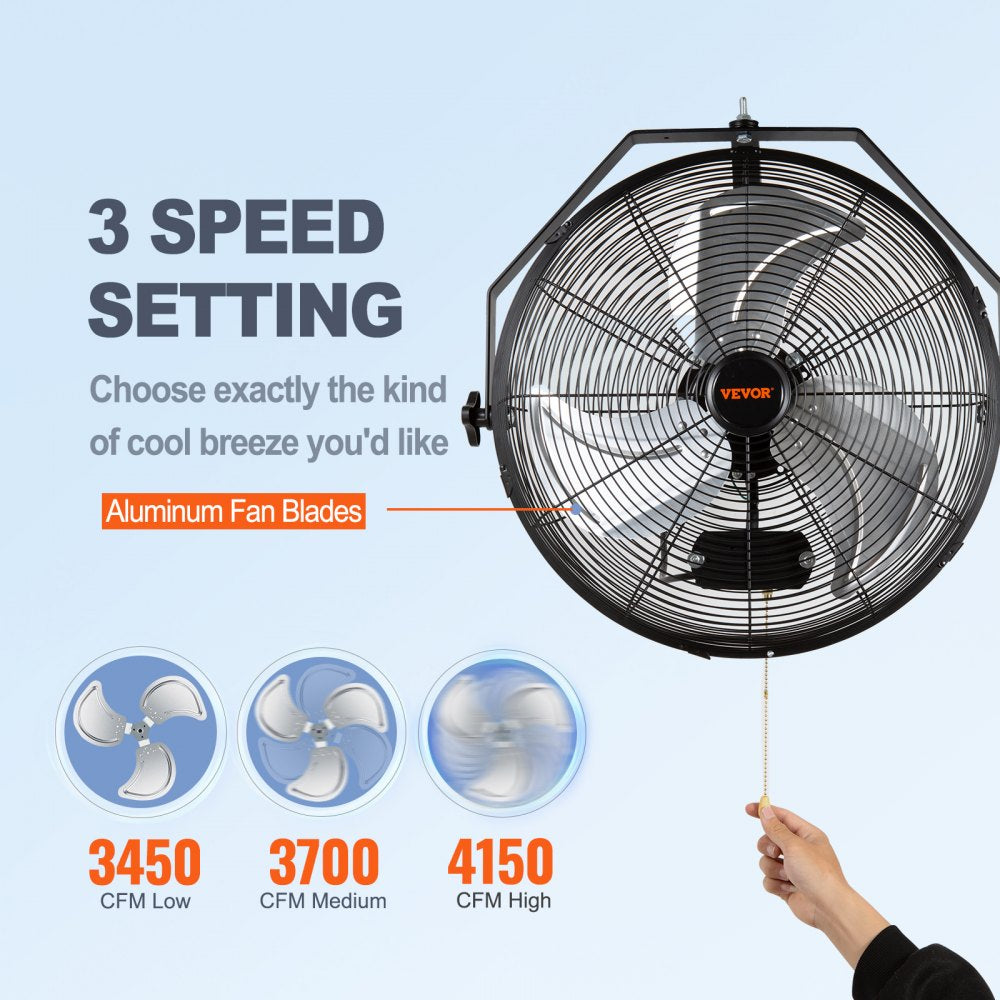 Black 18-inch industrial wall mount fan with waterproof design and adjustable speed settings.