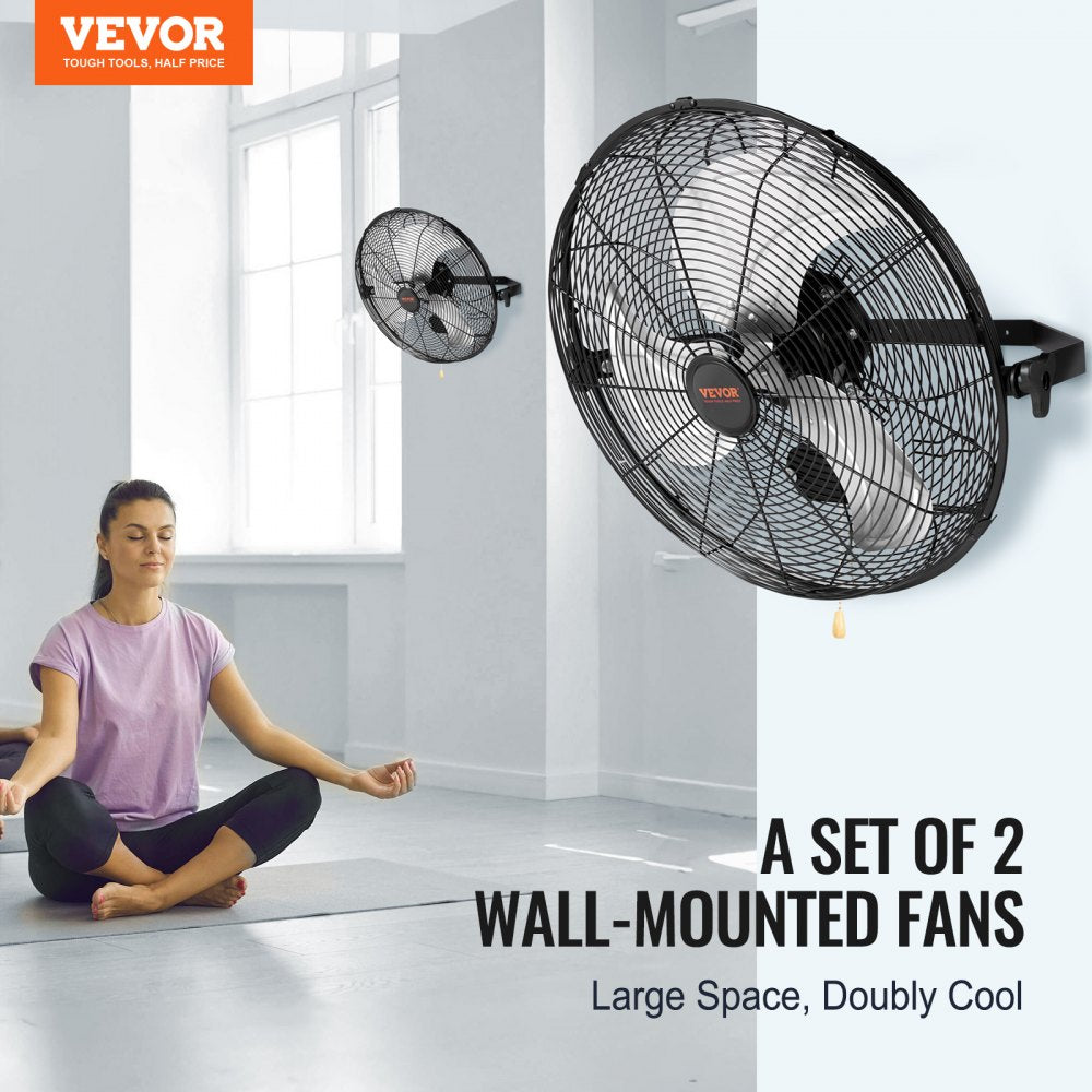 Two waterproof 18" industrial wall mount fans with three-speed settings and adjustable tilt.