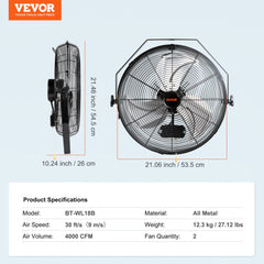 Bostome 18" industrial wall mount fan with metal construction and three-speed settings.