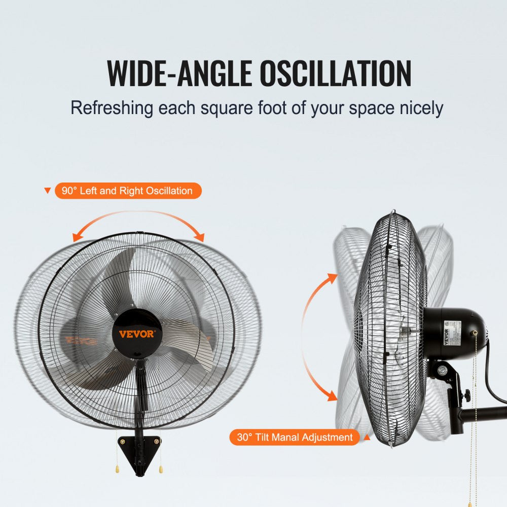 Two 18-inch oscillating wall mount fans with metal construction and 4000 CFM airflow.