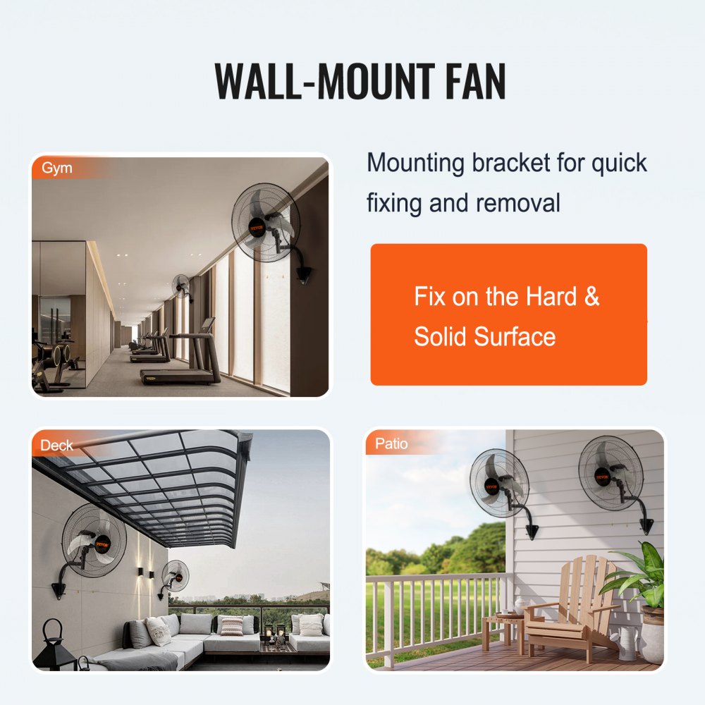 Bostome 18" oscillating wall mount fan with metal construction and 3-speed settings.