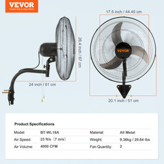 Two Bostome 18-inch oscillating wall mount fans with rugged aluminum blades and adjustable tilt.