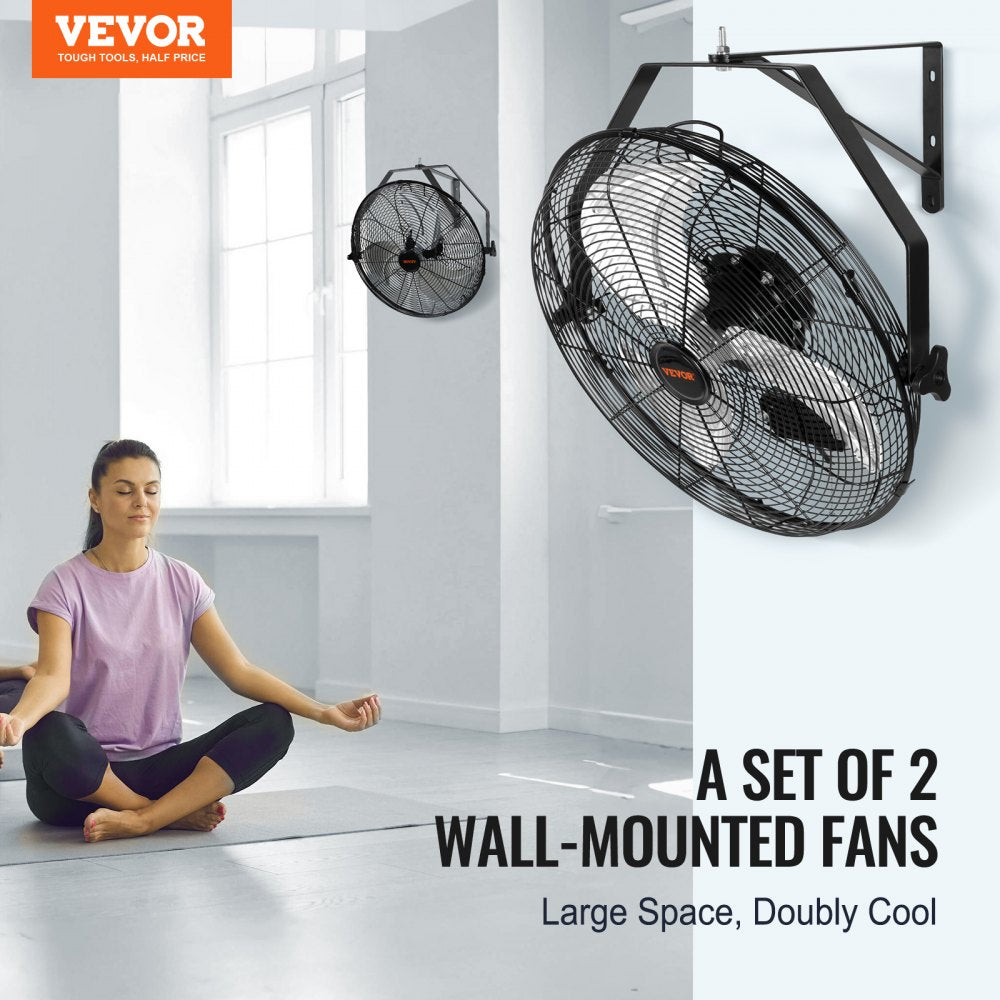 Two 18-inch wall-mounted industrial fans in a pack, shown mounted on a white wall with a woman meditating nearby.