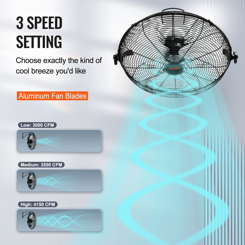 18-inch wall mount fan with 3-speed settings and aluminum blades, showing low, medium, and high airflow options.