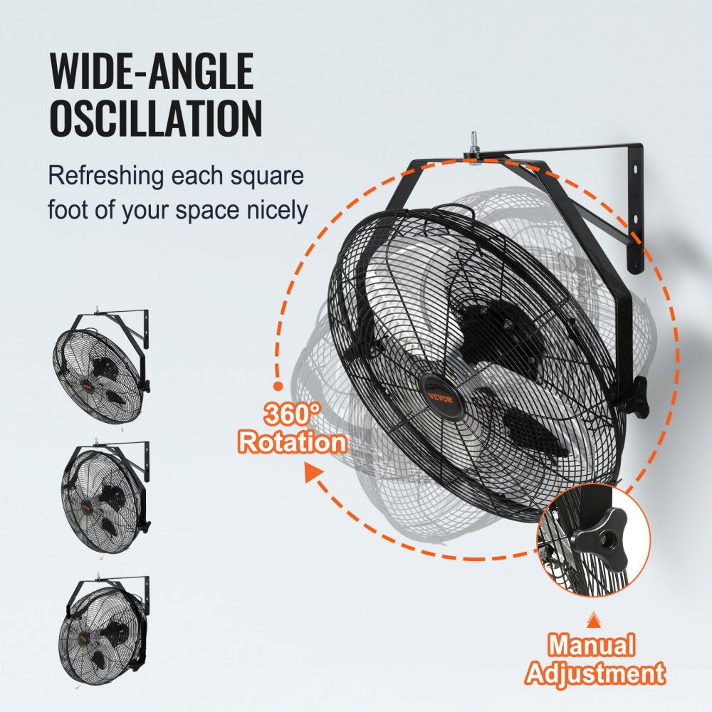 Two 18-inch wall-mounted industrial fans with 360-degree oscillation and manual tilt adjustment.