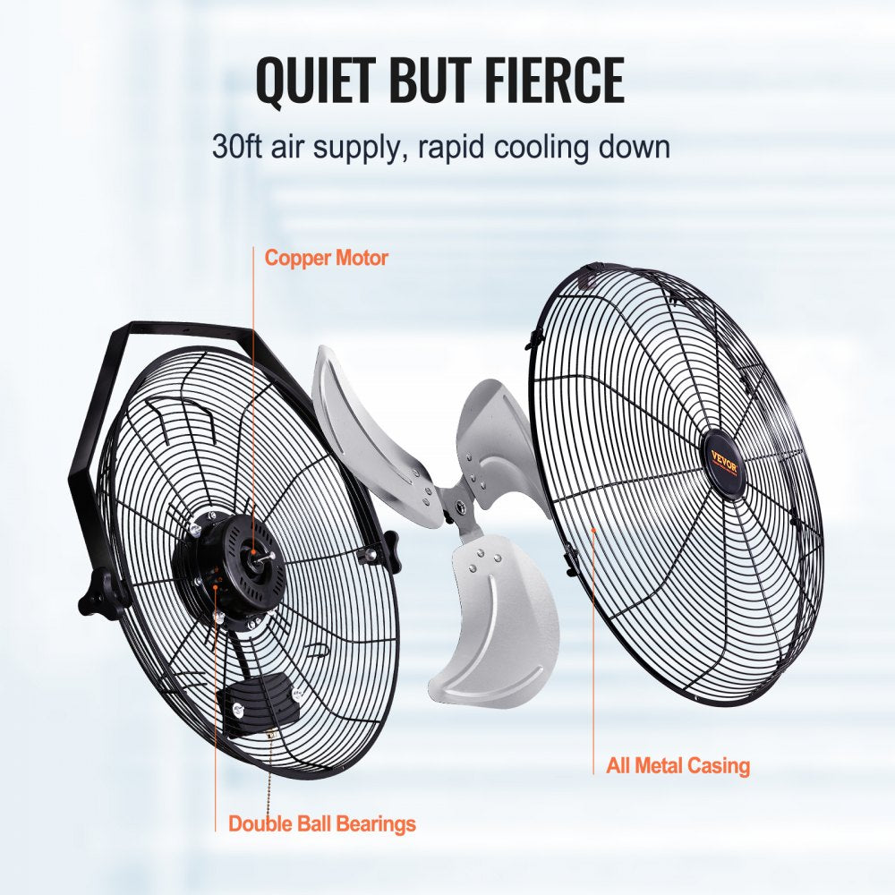 Two 18-inch industrial wall mount fans with metal casing, copper motor, and 3-speed controls.