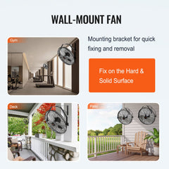 Two 18-inch industrial wall-mount fans with 3-speed controls, shown mounted in gym, deck, and patio settings.